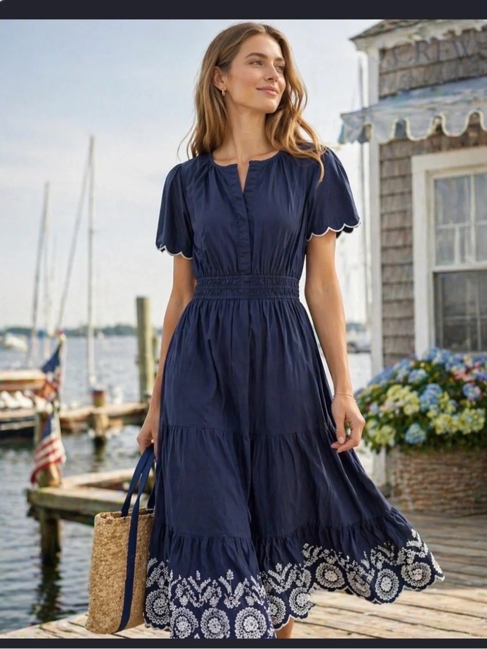 Cynthia Rowley Scalloped-Trim Tiered Maxi Dress L Navy Blue Cottage Coastal Boho